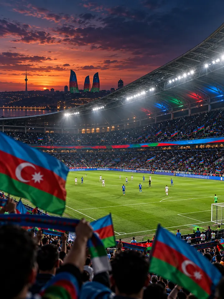 Azərbaycan bayraqları və futbol stadionu